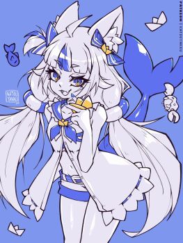 Rule 34 | 1girl, :3, ahoge, animal ear fluff, animal ears, blue nails, blue streaks, cat ears, crab, dress, fang, fins, fish girl, fish tail, frilled sailor collar, frills, highres, indie virtual youtuber, kaniki (sameko saba), katsuyakku, lifebuoy hair ornament, long hair, looking at viewer, low twintails, multicolored hair, navel, one side up, open clothes, open dress, open mouth, paper boat, partially colored, sailor collar, sameko saba, sameko saba (fish), simple background, skin fang, smile, solo, streaked hair, tail, twintails, virtual youtuber