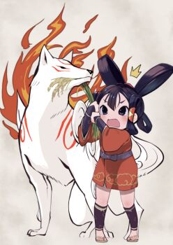 2girls ^^^ amaterasu_(ookami) biting crossover fire fox multiple_girls ookami_(game) p_answer rice sakuna-hime sandals simple_background tensui_no_sakuna-hime