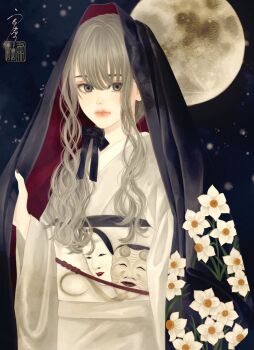 1girl black_cloak black_ribbon blonde_hair cloak closed_mouth commentary_request daffodil flower full_moon hair_ribbon highres hood japanese_clothes kimono long_hair long_sleeves looking_at_viewer mask moon nail_polish night noh_mask obi obiage obijime original print_sash ribbon sash seal_impression signature solo standing upper_body ushiyama_ame wavy_hair white_flower white_kimono wide_sleeves