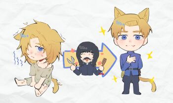 Rule 34 | 2boys, animal ears, arm behind back, arrow (symbol), artist name, black coat, black hair, black jacket, blonde hair, blue eyes, blue jacket, blush, chi.: chikyuu no undou ni tsuite, chibi, chibi only, coat, comb, commentary, english commentary, fang, fang out, han orb, hand on own chest, highres, holding, holding comb, homeless, jacket, male focus, multiple boys, potocki, poverty, rafal (chi.), scissors, short hair, sitting, standing, tail, torn clothes