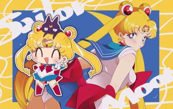 1girl ass bishoujo_senshi_sailor_moon blonde_hair blue_eyes blue_sailor_collar bow chibi choker crescent double_bun earrings elbow_gloves g00dnight_zzz gloves hair_bun hair_ornament heart highres jewelry long_hair luna_(sailor_moon) magical_girl red_bow red_choker sailor_collar sailor_moon sailor_senshi_uniform skirt solo tsukino_usagi twintails white_gloves