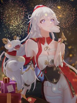 1girl aerial_fireworks ahoge bare_shoulders black_gloves blue_eyes box breasts cleavage commentary dress fireworks food gift gift_box gloves highres holding holding_food honkai_(series) honkai_impact_3rd kiana_kaslana kiana_kaslana_(ba-dum!_fiery_wishing_star) kuaraya large_breasts long_hair night night_sky onigiri ponytail rice_cake_(honkai_impact) sky snake star-shaped_pupils star_(symbol) symbol-shaped_pupils thighs very_long_hair white_dress white_hair