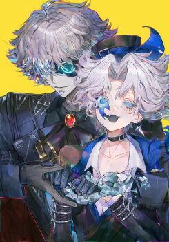 2boys :d absurdres ascot belt_collar black_ascot black_gloves black_jacket blue_jacket blue_sclera collar colored_eyelashes colored_sclera colored_skin crystal_hair earrings fangs fool&#039;s_gold_(identity_v) fool&#039;s_gold_(stibnite)_(identity_v) freckles gem gloves grey_skin grey_tongue hair_intakes hair_over_eyes hat highres holding_hands hullabaloo_(hidden_in_the_night)_(identity_v) hullabaloo_(identity_v) identity_v jacket jewelry male_focus multiple_boys open_mouth pectoral_cleavage pectorals red_gemstone shirt smile solid_eyes top_hat wavy_hair white_eyelashes white_hair white_shirt xiaomianduoshao