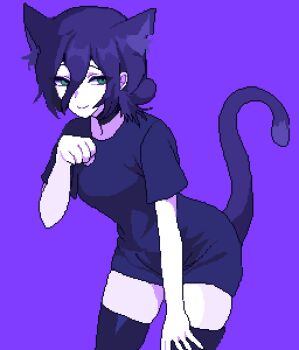 1girl animal_ears black_choker blue_shirt blue_thighhighs cat_ears cat_girl cat_tail chainsaw_man choker closed_mouth green_eyes hair_between_eyes hair_bun highres pixel_art pixelcadete purple_background purple_hair reze_(chainsaw_man) shirt simple_background solo tail thighhighs