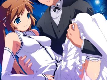 1boy 1girl aqua_eyes bare_shoulders black_suit brown_hair carrying detached_sleeves dress formal_clothes game_cg hair_ornament hairclip kawata_hisashi leaf_(studio) long_hair night outdoors panties princess_carry routes sky smile suit thighhighs twintails underwear white_dress yuasa_satsuki