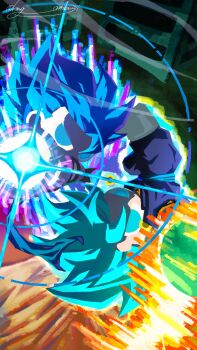 Rule 34 | 2boys, arm blade, aura, black vest, blue eyes, blue hair, blue pants, blue sash, blue shirt, chibi, cropped vest, dougi, dragon ball, dragon ball super, dragon ball super broly, earrings, energy ball, energy blade, gloves, gogeta, highres, jewelry, king omikuji, medium hair, metamoran vest, multiple boys, no shirt, open clothes, open vest, orange shirt, pants, potara earrings, rotational symmetry, sash, shirt, signature, spiked hair, super saiyan, super saiyan blue, upside-down, vegetto, vest, weapon, white gloves, white pants