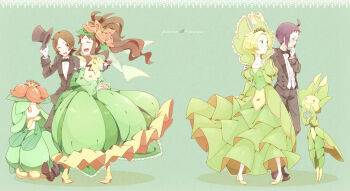 2boys 2girls alternate_costume bad_id bad_pixiv_id bianca_(pokemon) black_hair blonde_hair blue_eyes brown_eyes brown_hair cheren_(pokemon) chry_(112ch) closed_eyes cosplay detached_sleeves dress formal_clothes gen_5_pokemon glasses gloves hair_ornament hat hilbert_(pokemon) hilda_(pokemon) leavanny leavanny_(cosplay) lilligant lilligant_(cosplay) multiple_boys multiple_girls nintendo one_eye_closed pokemon pokemon_bw ponytail top_hat tuxedo wink