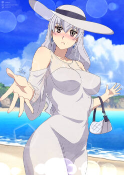 1girl absurdres aged_up bag beach blush breasts detached_sleeves dress earrings full_metal_panic! full_metal_panic!_family grey_eyes handbag hat highres holding holding_bag jewelry large_breasts long_hair looking_at_viewer medium_breasts outstretched_hand pout solo teletha_testarossa twobless variant_set white_hair