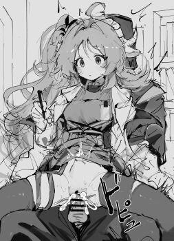 1boy 1girl :/ arknights bar_censor censored clothed_sex clothes_lift coat cum cum_in_pussy cum_overflow dress dress_lift expressionless eyjafjalla_(arknights) girl_on_top greyscale hetero highres holding holding_pen horns indoors lanyard long_hair monochrome no_nose open_clothes open_coat paofan pen penis reverse_upright_straddle sex sex_from_behind sheep_girl sheep_horns stomach_bulge time_stop vaginal