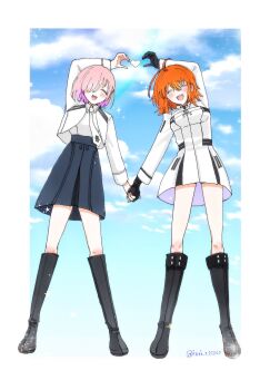 2girls black_boots black_skirt boots border breasts closed_eyes dress fate/grand_order fate_(series) fujimaru_ritsuka_(female) fujimaru_ritsuka_(female)_(decisive_battle_chaldea_uniform) full_body happy heart heart_hands heart_hands_duo high-waist_skirt highres holding_hands iori_t101010 jacket mash_kyrielight mash_kyrielight_(chaldea_uniform) multiple_girls orange_hair purple_hair shirt short_hair skirt white_border white_dress white_jacket white_shirt