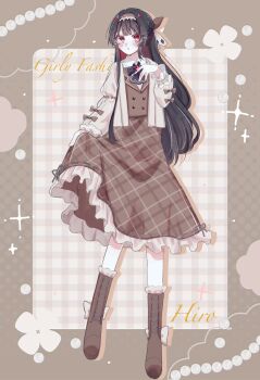 1girl alternate_costume black_hair boots brown_background brown_boots brown_hairband brown_jacket brown_skirt casual character_name commentary_request full_body hairband hand_on_own_chest hand_up highres jacket knee_boots long_hair long_sleeves looking_at_viewer mahou_shoujo_no_majo_saiban mitobari nikaido_hiro plaid_clothes plaid_skirt red_eyes skirt skirt_hold solo sparkle standing