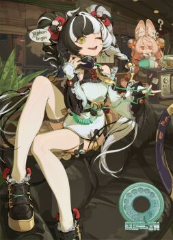 2girls ? absurdres ahoge animal_ear_fluff animal_ears aqua_nails bare_shoulders black_hair black_shoes braid braided_twintails chakram character_name chin_rub china_dress chinese_clothes chinese_commentary commentary_request corded_phone couch deejey0126 dialyn_(zenless_zone_zero) dress ear_piercing english_text furry furry_female green_nails green_shirt hair_between_eyes hair_extensions hair_ornament highres holding holding_phone indoors long_hair looking_at_viewer meme multicolored_hair multicolored_nails multiple_girls necktie on_couch one_eye_closed open_mouth panda_hair_ornament phone piercing pink_fur pink_hair plant potted_plant rabbit_girl red_eyes ring_hair_extensions screw shirt shoes sitting speech_bubble split-color_hair talking_on_phone thighhighs twintails weapon white_hair white_thighhighs wire yellow_eyes yellow_necktie your_phone_linging_(meme) zenless_zone_zero zhao_(zenless_zone_zero)