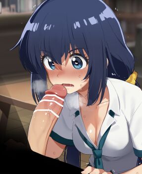 1boy 1girl absurdres bar_censor blue_eyes blue_hair blurry blurry_background breasts censored cleavage collarbone commentary_request green_necktie heart heart-shaped_pupils hetero highres imminent_fellatio long_hair looking_at_penis low_twintails mattaku_saikin_no_tantei_to_kitara medium_breasts mizumizuni nakanishi_mashiro necktie open_mouth penis shirt solo_focus sweat symbol-shaped_pupils twintails white_shirt