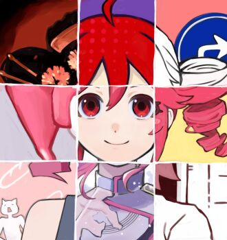 1boy 1girl 2channel 8toushin ahoge babel_(utau) black_hair black_shirt closed_mouth collage commentary_request copyright_request dancing dissolving_clothes drill_hair fukkireta grid hair_ornament hair_stick highres hito_mania_(utau) kanzashi kasane_teto kasane_teto_(sv) kasane_teto_(utau) liar_dancer_(synthesizer_v) looking_at_viewer migi_ni_ma_gaaru_(utau) nou_1182 override_(synthesizer_v) pink_hair portrait red_eyes red_hair road_sign see-through_clothes see-through_shirt shirt sign sleeveless sleeveless_shirt smile songover straight-on synthesizer_v twin_drills utau yoshiwara_lament_(utau)