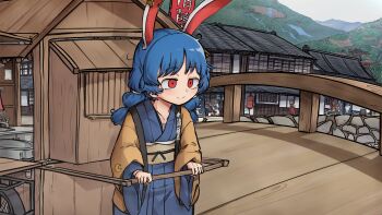 1boy 4girls absurdres animal_ears architecture blue_hair blue_kimono bridge building closed_mouth commentary_request cowboy_shot day east_asian_architecture eating hieda_no_akyuu highres human_village_(touhou) ibaraki_kasen japanese_clothes kimono lantern long_hair motoori_kosuzu multiple_girls outdoors paper_lantern piaki pullcart rabbit_ears rabbit_girl red_eyes seiran_(touhou) smile solo_focus torii touhou water waterfall
