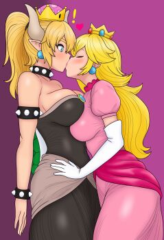 Rule 34 | !, 2girls, armlet, black dress, blonde hair, blue eyes, blush, bojack198, bowsette, bracelet, breast press, breasts, closed eyes, collar, commission, crown, dress, earrings, elbow gloves, from side, gloves, heart, highres, jewelry, juliet sleeves, kiss, large breasts, long hair, long sleeves, looking at another, mario (series), medium hair, multiple girls, nintendo, pink background, pink dress, pointy ears, ponytail, princess peach, puffy sleeves, sphere earrings, spiked armlet, spiked bracelet, spiked collar, spikes, strapless, strapless dress, super crown, surprised, symmetrical docking, white gloves, yuri