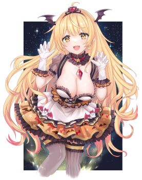 1girl absurdres ahoge asymmetrical_legwear bat_wings black_tiara blonde_hair breasts chicami claw_pose cleavage cowboy_shot detached_collar dress earrings frilled_dress frilled_gloves frills gloves gradient_hair grey_thighhighs head_wings highres hololive jewelry large_breasts layered_dress long_hair low_neckline mismatched_legwear multicolored_hair official_alternate_hair_length official_alternate_hairstyle puffy_short_sleeves puffy_sleeves sagging_breasts see-through_skirt_layer short_sleeves solo sparkling_eyes star_(sky) star_(symbol) star_earrings starry_sky_background thighhighs tiara very_long_hair virtual_youtuber white_dress white_gloves wings yellow_eyes yozora_mel