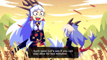 2girls black_shirt brown_horns character_request check_gender cloud commentary copyright_request dialogue_box dragon_girl dragon_tail english_commentary english_text eyeshadow fangs floral_print gender_request grin hair_ribbon highres hill horns long_hair makeup multiple_girls open_mouth pointy_ears red_eyeshadow red_ribbon ribbon setz shirt sky smile tail teeth two-tone_shirt upper_body upper_teeth_only wheat white_hair white_shirt wind yellow_sky