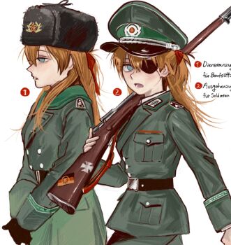 1girl alternate_costume belt black_belt black_gloves black_hat black_necktie blue_eyes blush bolt_action breast_pocket buttons coat collared_shirt commentary_request cowboy_shot east_german_flag east_germany empty_eyes eyepatch fur_hat german_text gloves green_coat green_hat green_jacket green_pants green_scarf gun hammer_and_sickle hat hat_ornament highres holding holding_gun holding_weapon jacket korean_commentary lapels long_hair long_sleeves looking_at_viewer looking_to_the_side mauser_98 military military_hat military_jacket military_uniform min_do-sik multiple_views nationale_volksarmee necktie neon_genesis_evangelion numbered open_mouth orange_hair over_shoulder own_hands_together pants peaked_cap pocket rifle scarf shirt simple_background sniper_rifle souryuu_asuka_langley standing star_(symbol) star_hat_ornament teeth ushanka walking weapon weapon_over_shoulder white_background white_shirt