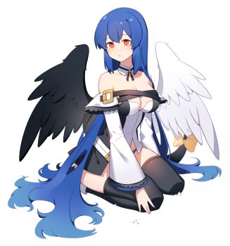 1girl absurdres angel_wings asymmetrical_wings bare_shoulders belt black_background black_choker black_panties black_thighhighs blue_hair breasts choker cleavage cleavage_cutout clothing_cutout collarbone commentary_request crossed_arms dizzy_(guilty_gear) full_body guilty_gear guilty_gear_xrd hair_between_eyes hair_down hair_ribbon highres korean_commentary large_breasts leg_up long_hair looking_afar monster_girl panties realmoon36 red_eyes ribbon seiza sidelocks sitting solo tail tail_ornament tail_ribbon thick_thighs thigh_strap thighhighs thighs twintails underwear wide_sleeves wings