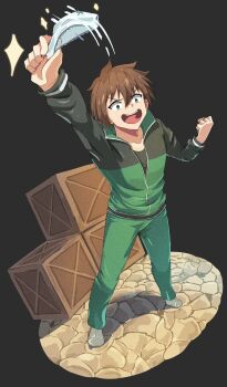 1boy arm_up black_background brown_hair clenched_hands commentary_request full_body green_eyes green_jacket green_pants highres holding holding_panties holding_underwear holding_unworn_clothes jacket kono_subarashii_sekai_ni_shukufuku_wo! legs_apart long_sleeves male_focus onabe915 open_mouth panties pants sanpaku satou_kazuma shoes short_hair simple_background smile solo standing stealing_clothes stealing_panties stone_floor track_suit underwear unworn_panties v-shaped_eyebrows white_shoes wooden_box