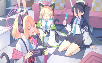 3girls absurdres animal_ear_headphones animal_ears aris_(blue_archive) black_hair blonde_hair blue_archive blue_eyes blue_halo blue_necktie blue_skirt bubble1995 cat_ear_headphones cat_ears cat_tail checkered_floor chinese_commentary collared_shirt commentary_request controller couch fake_animal_ears food game_controller hair_between_eyes halo headphones highres holding holding_controller holding_food holding_game_controller indoors jacket long_bangs long_hair long_sleeves looking_at_another midori_(blue_archive) momoi_(blue_archive) multiple_girls necktie off_shoulder open_clothes open_jacket open_mouth pillow pink_eyes pink_halo pleated_skirt school_uniform shirt side_ponytail sitting skirt suspender_skirt suspenders tail wariza white_jacket white_shirt