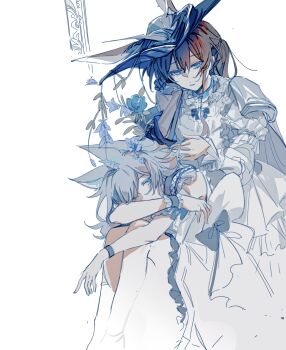 2girls amiya_(arknights) amiya_(guard)_(arknights) amiya_(guard)_(in_a_myriad_of_universes)_(arknights) animal_ears arknights arm_support blue_eyes blue_flower blue_rose bow bracelet cat_ears cat_girl chinese_commentary commentary_request dress e-fa-dorn flower frilled_sleeves frilled_wrist_cuffs frills grey_hair hair_between_eyes head_rest highres invisible_chair jewelry long_dress long_hair long_sleeves multiple_girls one_eye_closed playing_with_another's_hair rabbit_ears rabbit_girl rose rosmontis_(an_airy_dream)_(arknights) rosmontis_(arknights) short_sleeves sidelocks single_vambrace sitting upper_body vambraces white_background white_bow white_dress wrist_cuffs yuri