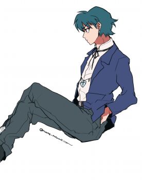 Rule 34 | 1boy, blue hair, blue jacket, commentary request, crossed legs, feet out of frame, hand in pocket, jacket, jewelry, juumonji tsubasa, kyoukai no rinne, male focus, mame moyashi, necklace, short hair, simple background, sitting, solo, white background