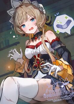 1girl absurdres bandaid bare_shoulders black_dress blue_eyes breasts brown_eyes cleavage commentary_request detached_sleeves dress genshin_impact gloves half_gloves hand_up highres large_breasts long_sleeves looking_at_viewer omelet_tomato open_mouth sandrone_(genshin_impact) sitting solo solo_focus spoken_object thighhighs white_gloves white_thighhighs