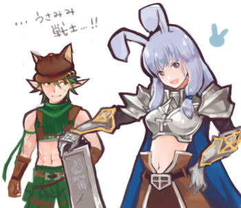 Rule 34 | 1boy, 1girl, animal ears, armor, blue cape, blue eyes, blue hair, brown gloves, brown hat, brown skirt, cape, closed mouth, commentary request, cowboy shot, crop top, cross of prontera, gauntlets, gloves, gobaku no hito, green eyes, green hair, green shirt, green shorts, hat, long hair, looking at viewer, lowres, midriff, navel, newsboy cap, paladin (ragnarok online), pauldrons, pointy ears, rabbit ears, rabbit girl, ragnarok masters, ragnarok online, ranger (ragnarok online), shirt, short hair, shorts, shoulder armor, simple background, skirt, sleeveless, sleeveless shirt, smile, translation request, white background