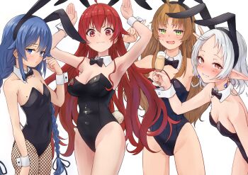 1girl absurdres ahoge animal_ear_hairband animal_ears bare_legs bare_shoulders black_bow black_bowtie black_leotard blue_eyes blue_hair bow bowtie braid breasts brown_eyes cleavage clenched_teeth collar collarbone cup detached_collar double_v drinking_glass drunk earrings elf eris_greyrat fake_animal_ears fake_tail feet_out_of_frame fishnet_pantyhose fishnets from_side genderswap genderswap_(mtf) green_eyes hair_flaps hairband hand_up highres holding holding_cup jewelry large_breasts leaning_forward leotard loli long_hair looking_at_viewer low_twintails medium_hair mole mushoku_tensei open_mouth orange_hair pantyhose parted_bangs playboy_bunny pointy_ears rabbit_ears rabbit_tail red_eyes red_hair roxy_migurdia rudeus_greyrat simple_background small_breasts small_sweatdrop smile standing strapless strapless_leotard syagare sylphiette_(mushoku_tensei) tail teeth traditional_bowtie twin_braids twintails v wavy_hair white_background white_collar white_hair white_wrist_cuffs wine_glass wrist_cuffs