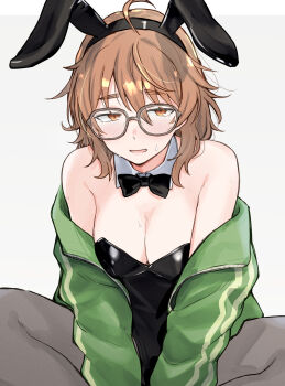 Rule 34 | 1girl, absurdres, ahoge, alternate costume, animal ear hairband, animal ears, araki hina, bare shoulders, black bow, black bowtie, black leotard, blush, bow, bowtie, breasts, brown-framed eyewear, brown hair, cleavage, commentary request, detached collar, fake animal ears, glasses, green jacket, grey pantyhose, hairband, highres, idolmaster, idolmaster cinderella girls, jacket, jacket partially removed, large breasts, leotard, looking at viewer, pantyhose, playboy bunny, rabbit ear hairband, rabbit ears, simple background, sitting, solo, strapless, strapless leotard, sweatdrop, unu (unucence), white background