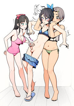 1boy 2girls absurdres ahegao angry bar_censor barefoot bikini blue_eyes bow breasts censored clothes_pull collarbone covered_navel crossdressing cum ejaculation embarrassed fang feet female_collaborator femdom flip-flops flustered forced green_eyes grey_hair hair_bow hair_ornament hairclip handjob happy highres holding indie_virtual_youtuber indoors japanese_text kushizaki_(vtuber) large_breasts legs long_hair looking_at_another looking_at_penis looking_down medium_breasts multiple_girls navel original penis premature_ejaculation red_eyes restrained sandals shaking short_hair sigh single_sandal skirt skirt_pull slippers small_breasts source_request st_(youx1119) standing sweatdrop swimsuit tears testicles toes trap virtual_youtuber white_background