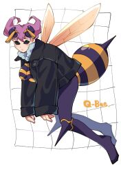 Rule 34 | 1girl, abdomen tail, antennae, arthropod girl, bee girl, black eyes, black jacket, breasts, character name, commentary request, flying, from side, full body, fur-trimmed leotard, fur trim, highres, insect girl, insect wings, jacket, large breasts, long sleeves, looking at viewer, monster girl, open clothes, open jacket, oushiza towel, pink hair, purple hair, q-bee, short hair, simple background, solo, stinger, vampire (game), white background, wings