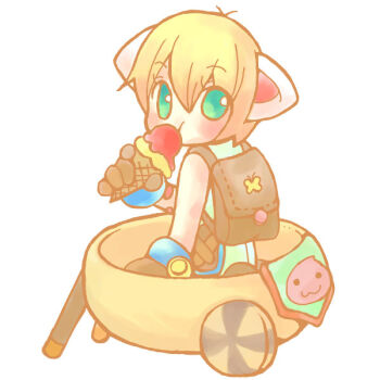 1girl animal_ears blonde_hair blush brown_bag brown_gloves cat_ears closed_mouth commentary_request eating fake_animal_ears food full_body gloves green_eyes green_shirt holding holding_ice_cream_cone ice_cream ice_cream_cone looking_at_viewer looking_to_the_side poring pullcart ragnarok_online shirt short_hair simple_background sitting solo super_novice_(ragnarok_online) tama1120 white_background