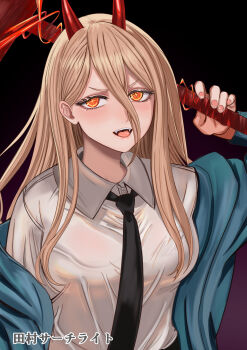 1girl absurdres black_necktie blonde_hair blue_jacket breasts chainsaw_man collared_shirt cross-shaped_pupils fangs hair_between_eyes hammer hemokinesis highres holding holding_hammer horns jacket long_hair_between_eyes medium_breasts necktie open_mouth orange_eyes power_(chainsaw_man) red_horns shirt solo symbol-shaped_pupils tamura_searchlight white_shirt