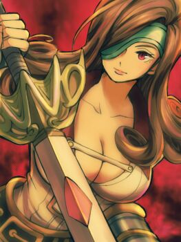1girl armor beatrix beatrix_(ff9) belt belt_buckle black_background bracer breasts brown_eyes brown_hair buckle cleavage closed_mouth collarbone commentary_request curly_hair eyepatch facing_viewer female_focus fighting_stance final_fantasy final_fantasy_ix fingerless_gloves gloves gradient_background hand_up happy holding holding_sword holding_weapon ichi_(pixiv6373491) jacket knight large_breasts long_hair looking_at_viewer one_eye_covered red_background red_eyes save_the_queen smile solo standing sword weapon