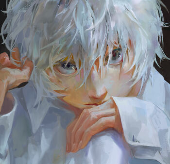 1boy absurdres black_background black_eyes close-up collared_shirt death_note fieroo hand_on_own_knee highres looking_at_viewer male_focus near_(death_note) nose shirt short_hair solo white_hair white_shirt