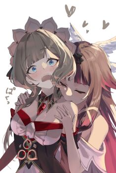 2girls bare_shoulders biting biting_shoulder black_collar black_dress black_hair black_sleeves blue_eyes blunt_bangs blush breasts brown_hair chest_jewel cleavage closed_eyes closed_mouth collar collarbone columbina_(genshin_impact) detached_collar detached_sleeves dress embarrassed eyes_on_wings feathered_wings gem genshin_impact hair_ornament hand_on_another&#039;s_chest hand_on_another&#039;s_shoulder head_wings headdress heart highres long_hair medium_breasts multicolored_hair multiple_girls multiple_wings off_shoulder open_mouth pink_hair red_gemstone sandrone_(genshin_impact) short_hair_with_long_locks sidelocks simple_background sound_effects strapless strapless_dress surprised teeth two-tone_hair upper_teeth_only usagi_sakaki_(tosaka) white_headdress white_wings wide-eyed wing_hair_ornament wings yuri