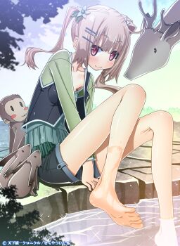 1girl animal barefoot blush day deer feet female_focus hair_ornament hairclip looking_at_viewer monkey original red_eyes sakuya_tsuitachi shorts silver_hair sitting smile soaking_feet soles solo toes twintails wading water