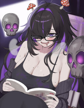 1girl absurdres bags_under_eyes black-framed_eyewear black_cardigan black_hair book breasts cardigan cardigan_partially_removed colored_inner_hair commentary dress drooling english_commentary floating_skull glasses goddess_of_victory:_nikke hand_on_book highres label_(nikke) mole mole_on_breast mouth_drool multicolored_hair nervous_smile nonotumori pornography purple_streaks smile taut_clothes taut_dress
