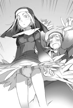 2girls angelene blush braid braided_sidelock breasts closed_eyes closed_mouth clothes_lift female_focus flat_chest haimura_kiyotaka highres loli long_hair long_skirt long_sleeves lucia_(toaru_majutsu_no_index) monochrome multiple_girls novel_illustration nun official_art open_mouth panties safety_pin short_hair skirt skirt_lift small_breasts tears toaru_majutsu_no_index toaru_majutsu_no_index:_old_testament underwear