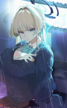 1girl absurdres blonde_hair blue_archive blue_bow blue_eyes blue_halo blue_sweater bow braid brown_shoes closed_mouth collared_shirt half_up_braid halo highres koyuuuuuuuuuuu long_hair looking_at_viewer official_alternate_costume official_alternate_hairstyle rain shirt shoes solo squatting sweater toki_(blue_archive) toki_(school_uniform)_(blue_archive) white_shirt