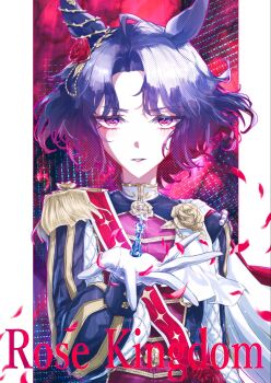 Rule 34 | ahoge, animal ears, black jacket, blush, brooch, brown hair, character name, chess piece, commentary request, ear flower, ear ornament, epaulettes, flower, four-pointed star, gloves, gradient hair, highres, holding, horse ears, horse girl, jacket, jewelry, king (chess), long sleeves, looking at viewer, multicolored hair, parted lips, print sash, red hair, red sash, rose kingdom (racing) (umamusume), rose kingdom (umamusume), sash, short hair, single epaulette, two-tone hair, umamusume, upper body, vertical-striped sleeves, white gloves, yuki6238