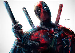 Rule 34 | 1boy, artist name, bodysuit, commentary request, deadpool, deadpool (series), gradient background, grey background, gun, handgun, holding, holding gun, holding weapon, k-suwabe, katana, looking at viewer, male focus, marvel, mask, solo, sword, upper body, weapon