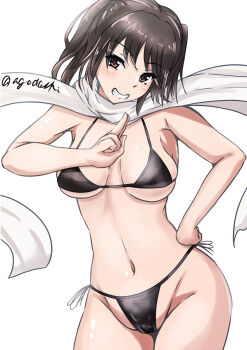 1girl absurdres agodashi bikini black_bikini black_hair breasts brown_eyes commentary_request cowboy_shot grin hand_on_own_hip highres kantai_collection kuji-in looking_at_viewer medium_breasts navel scarf sendai_(kancolle) sendai_kai_ni_(kancolle) short_hair side-tie_bikini_bottom simple_background smile solo standing swimsuit twitter_username two_side_up white_background white_scarf