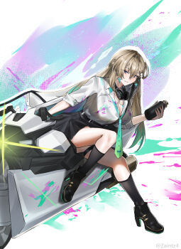 1girl absurdres aqua_necktie black_skirt blonde_hair breasts can cleavage closed_mouth earrings hair_between_eyes highres holding holding_can jacket jewelry large_breasts long_hair lynae_(wuthering_waves) necktie purple_eyes shirt shirt_tucked_in skirt smile solo spray_can star_(symbol) star_earrings twitter_username white_jacket white_shirt wuthering_waves zaint_(zaintz4)