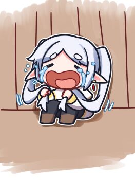 1girl black_pantyhose blush_stickers boots brown_background brown_boots capelet chibi chibi_only closed_eyes commentary crying eiul elf frieren full_body grey_hair highres holding holding_own_hair long_hair long_sleeves open_mouth outline pantyhose parted_bangs pointy_ears sitting skirt solo sousou_no_frieren symbol-only_commentary tears thick_eyebrows tongue twintails white_capelet white_outline white_skirt
