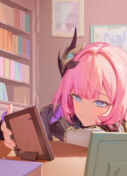 1girl absurdres ato_(honkai_impact) black_gloves blue_eyes bookshelf closed_mouth desk elysia_(honkai_impact) elysia_(miss_pink_elf)_(honkai_impact) gloves hair_intakes hair_ornament head_rest highres holding holding_picture_frame honkai_(series) honkai_impact_3rd indoors kevin_kaslana kosma looking_at_viewer mei_(honkai_impact) picture_frame pink_hair pink_pupils roena short_hair single_glove smile solo