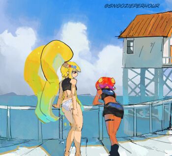 absurdres agent_3_(splatoon) agent_8_(splatoon) ass ass_focus cloud highres long_hair looking_at_another mountain nintendo panties snoozieperhour splatoon_(series) tentacle_hair underwear water